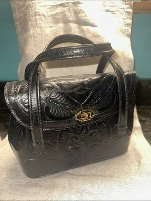 Bolso Cartera Bolso Cartera De Colección Cuero Repujado Negro Tocado a Mano Foto 1 de 4