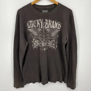 Lucky Brand Long Sleeve Thermal Shirt Men's XL Brown Y2K Logo Crew Neck Vintage - Picture 1 of 8