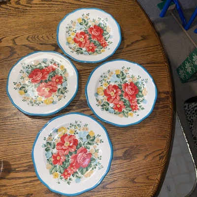 (4) Plato de postre de ensalada vintage floral/verde azulado mujer pionera 8,5" de gres Foto 1 de 3