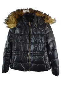 Zara Womans Black Shiny Faux Fur Hooded Down Filled Jacket Size XL Padded - Picture 1 of 8