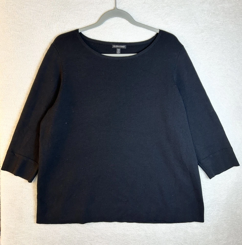 Eileen Fisher 100% Wool Top 3/4 Sleeve Round Neck Black Women Size XL Casual - Image 1 of 4