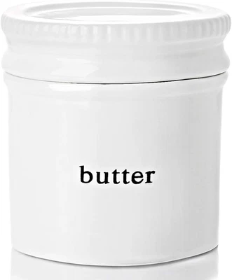Plato de mantequilla con línea de agua, tarro guardián de mantequilla francés de cerámica con tapa, blanco Foto 1 de 4