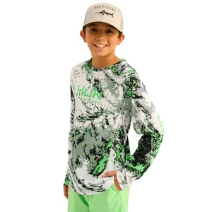 Huk Pursuit Mossy Oak Crew Kid's Tech Shirt, Fog Green, Large - Picture 1 of 4