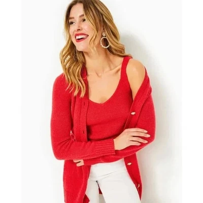 Cárdigan Lilly Pulitzer Leonette Botones Joya Rojo Festivo Vacaciones Mediano Nuevo con Etiquetas Foto 1 de 4