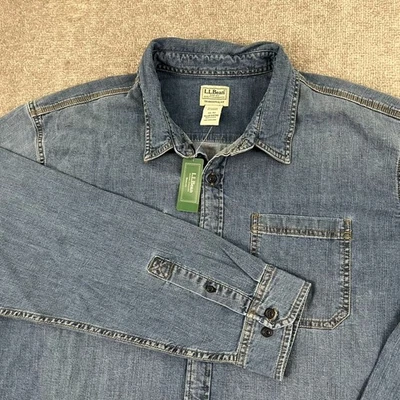LL BEAN Shirt Mens 2XL Regular Fit Stone Washed Blue Denim BeanFlex Button Up - Image 1 of 4