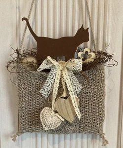 Handgestrickter Deko Türkranz Strick Türtasche Türschmuck Rostmetall Katze -640 - Bild 1 von 3