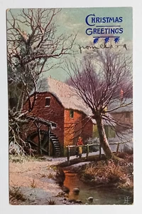 Christmas Greetings Girl on Bridge Tuck Postcard c1910s Oilette A White World - Picture 1 of 2
