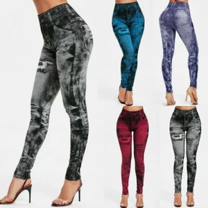 Ladies Womens Stretchy Denim Look Skinny Leggings Long Pants Plus Size Jeggings - Picture 1 of 21