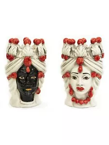 Coppia teste di moro h20 cm in ceramica di caltagirone sicilia decoro rosso - Foto 1 di 4