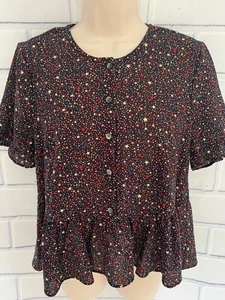 Madewell Studio Ruffle-Hem S Top Black Starry Night Short Sleeve Flowy Peplum - Picture 1 of 11