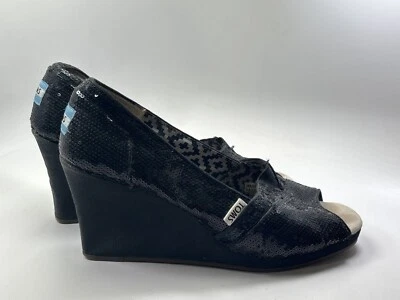 Zapatos Toms Mujer Talla 9 Negro Lentejuelas Punta Abierta Brillante Cuña Lona Tacones Verano Foto 1 de 4