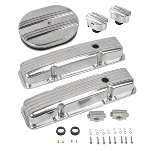 Polished Short Valve Cover & 12" Air Cleaner & Breather For SBC Chevy 350 58-86 - Picture 1 of 12