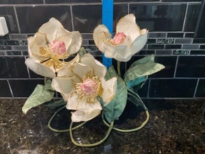 Three Artificial Magnolia Flowers Flexible Stem Decoration White Gold Edges R9 - Picture 1 of 7