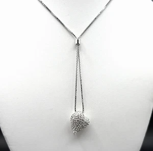 Swarovski Kristall Halskette 19 Zoll Pave Herz Anhänger Silberfarben Schieber LESEN - Bild 1 von 5