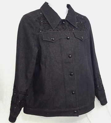 Dennis Basso Denim Jean Jacket Blazer Coat Large Black Beaded Sequin Western - Image 1 of 4