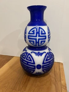Chinese Peking Antique White Underglaze Blue Glass Double Gourd Vase Bats - Picture 1 of 9