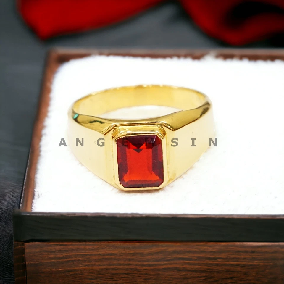 Piedras preciosas de rubí con anillo chapado en oro de plata de ley 925 para hombre #BL51 Foto 1 de 4