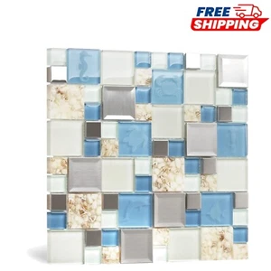 Glossy Sea Glass Tile Backsplash with Real Conch - 5 Interlocking Sheets - Picture 1 of 12