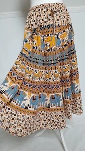 Skirt Vintage Boho Block Print Elephant Floral Nepal Cotton Midi pockets S/M - Picture 1 of 10