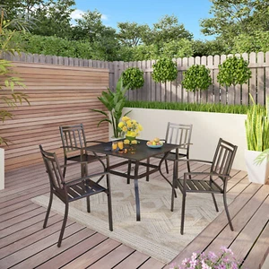 5 Piece Outdoor Dining Sets Patio Dining Chairs Square Table with Umbrella Hole - Picture 1 of 12