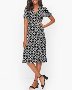 TALBOTS WOMEN'S BLACK WHITE PRINTED V-NECK JERSEY FAUX WRAP MIDI DRESS  Sz 1X - Picture 1 of 2