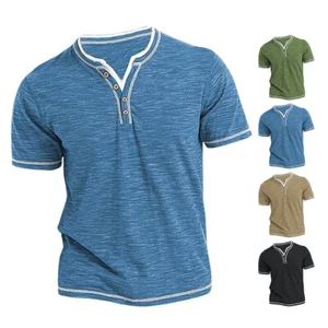 Mens Short Sleeve V Neck Shirt Casual Baggy Button Pullover Tops T Shirt Soft ⊱ - Picture 1 of 15