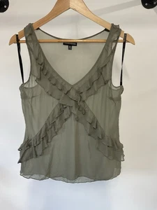 Warehouse Size 12 Khaki Green Sleeveless Blouse Ruffles 100% Silk C965 - Picture 1 of 7