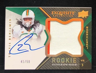 2012 Exquisite Collection #41/50 Travis Benjamin #140 RPA Rookie Patch Auto RC - Image 1 of 2