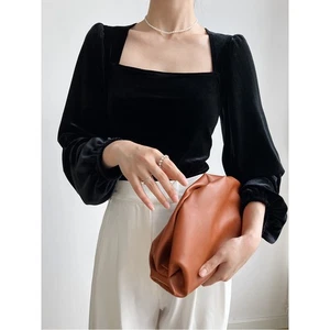 Womens Velvet Long Puff Sleeve Square Neck Blouse Tops Casual Pullover Spring Sz - Picture 1 of 21