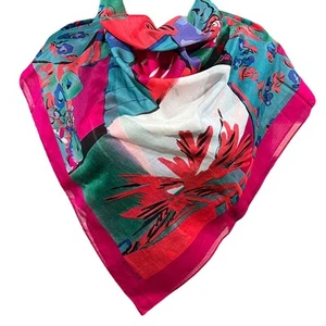 ECHO Brightly Colored Large Floral Scarf 34" Cotton Vibrant Collage Print Japan - Picture 1 of 14
