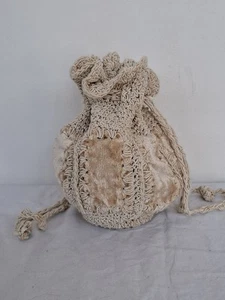 Vintage 1930s Crocheted Bag Drawstring Pouch/purse With Velvet Body Bohemian - Picture 1 of 7