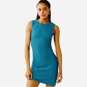 NWT Anthropologie Textured Mini Shift Dress Crinkled Ruched Fabric Teal Blue XS - Picture 1 of 10