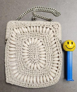 Vintage 1960-70er Kunststoff Perlen gehäkelt Raffia Handtasche Geldbeutel creme ecru beige - Bild 1 von 8