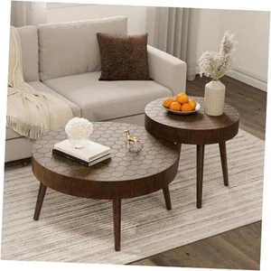  Round Coffee Table Set of 2, Nesting Tables Round -Brown Honeycomb Pattern - Picture 1 of 8