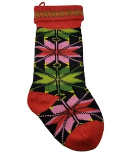 Fair Isle Knit Christmas Stocking Red Green Geometric Poinsettia Flower - Picture 1 of 12