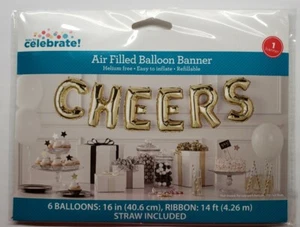 Cheers Air Filled Balloon Banner Gold 16" Balloons 14 Ft Ribbon - Picture 1 of 1