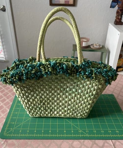Key West Green Woven Straw Beaded  Handle Bag Tote Handbag Purse Lined - Picture 1 of 12