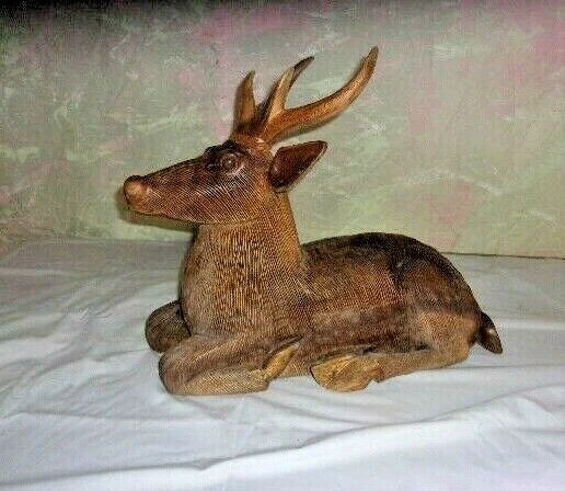 6 POINT BUCK DEER HAND CARVED TEAKWOOD By C. Smith 16" T X 20" L X 10" W - Image 1 of 4