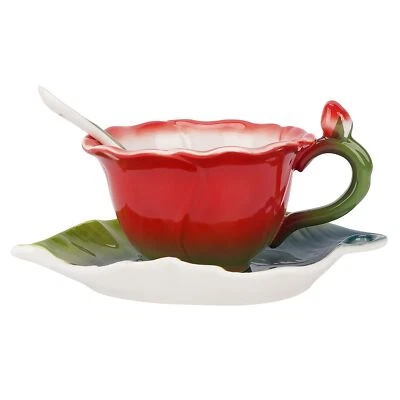 Juego de taza de té y platillo floral rosa roja para mujer 5,6 OZ esmalte porcelana rosa... Foto 1 de 4