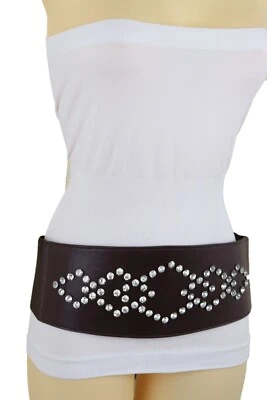 Women Wide Faux Leather Dark Brown Color Belt Rhinestones Silver Squares Fit S M - Image 1 of 4
