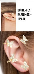 1 PAIR Butterfly Ear Clip Silver Plated Zircon Earrings Wrap Women FREE SHIP - Picture 1 of 5