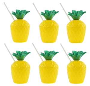 6 Plastic Pineapple Cups & Paper Straws - Party Tableware Hawaiian Luau BBQ Pina - Picture 1 of 7