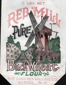 Original Godfrey Milling Co Attica, N.Y. Papier Buchweizen Mehlbeutel Rot Mühle  - Bild 1 von 3