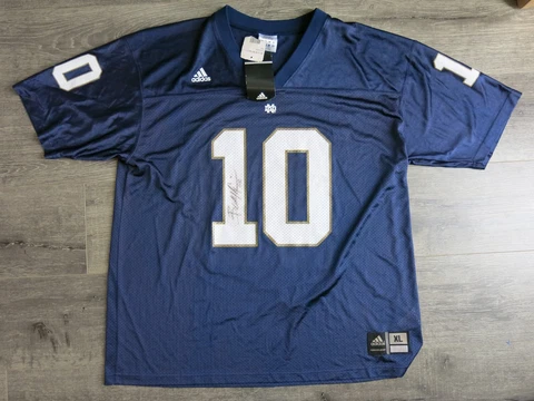 Adidas Notre Dame Brady Quinn #10 Men's Signed Blue Jersey Size XL NWT Cover
