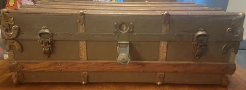 Steamer Half Trunk Flat Top Green Canvas Antique 1900s Cover
