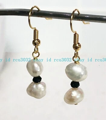 Faceted Black Agate Gems & 8-9mm White Baroque Pearl Gold Hook Dangle Earrings - Image 1 of 4