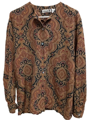 Blusa de seda vintage años 90 Dana Buchman para mujer talla 10 marrón cachemira preppy Foto 1 de 4