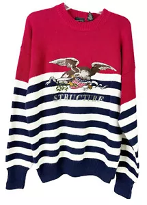 VTG Structure Men Medium Eagle Stripe Embroidered Eagle Ramie/Cotton Sweater GUC - Picture 1 of 7