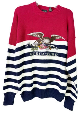VTG Structure Men Medium Eagle Stripe Embroidered Eagle Ramie/Cotton Sweater GUC - Image 1 of 4