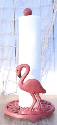 Cast Iron Tropical Birds of Paradise Pink Flamingo Kitchen Paper Towel Holder - Image 1 of 4